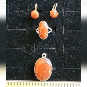 Antique Sterling Silver/Carnelian Jewelry Set Ring Size 6.5 Pendant Earrings